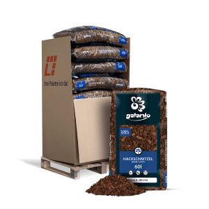 Galamio Holzhackschnitzel, braun, 780l Palette. Dekormulch für Gartenwege und Beetabdeckung.