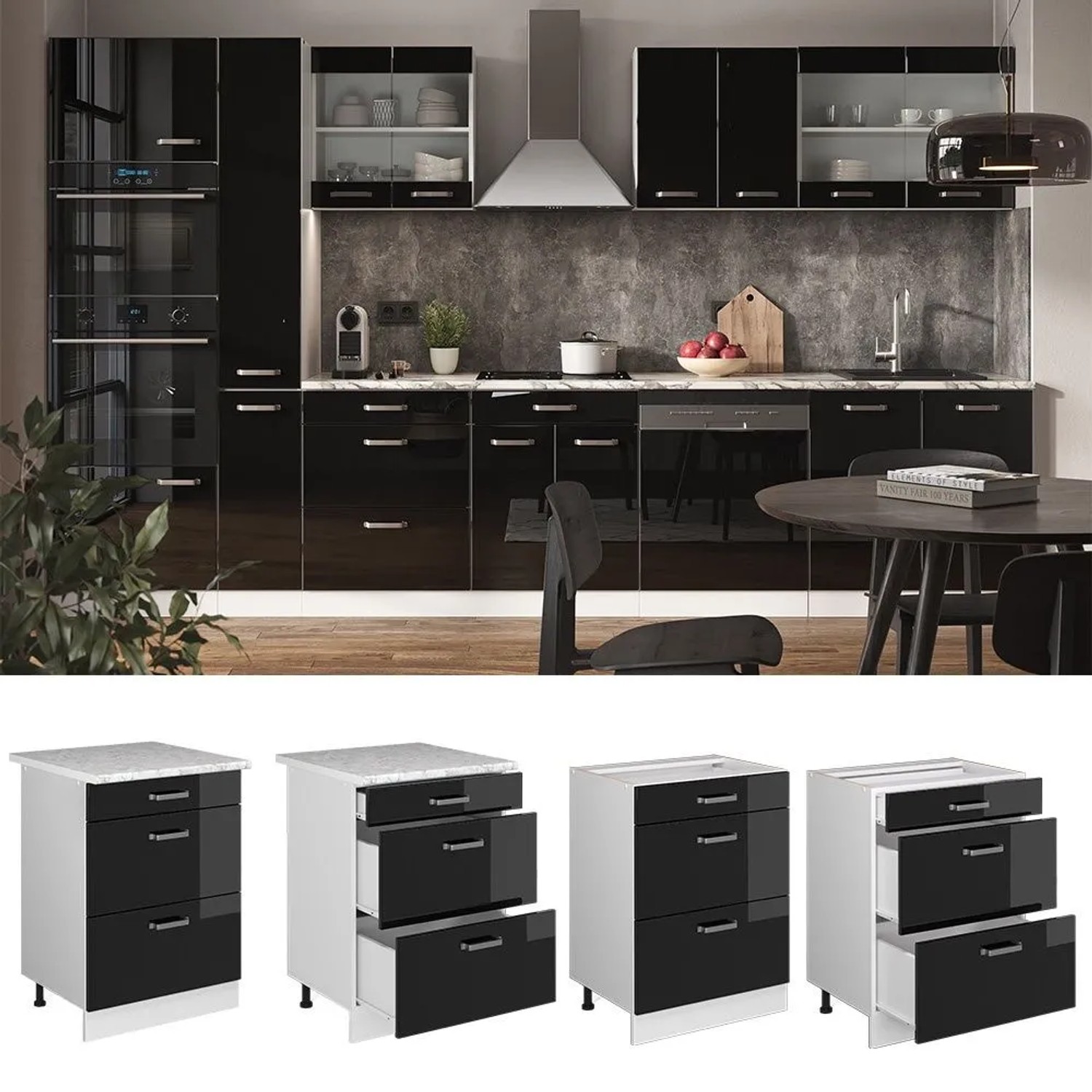 Vicco Schubladenschrank Küche R-Line 60 cm Schwarz Hochglanz/Weiß o. Arbeitsplatte 16 mm Spanplatte Melaminharzbeschichtung kaufen bei OBI