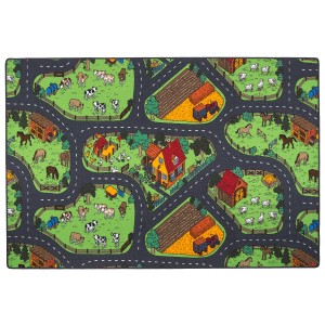 Bunter Snapstyle Kinderteppich mit Bauernhof-Motiv und Straßen, 160x240 cm.