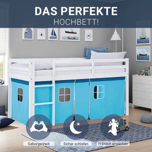 Blaues Homestyle4u Hochbett 90x200 mit Rausfallschutz und Vorhang für Kinder.
