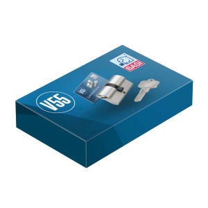 Basi V55 Profilzylinder 30/40 mm verschiedenschließend mit Schlüssel und Codekarte auf Verpackung.