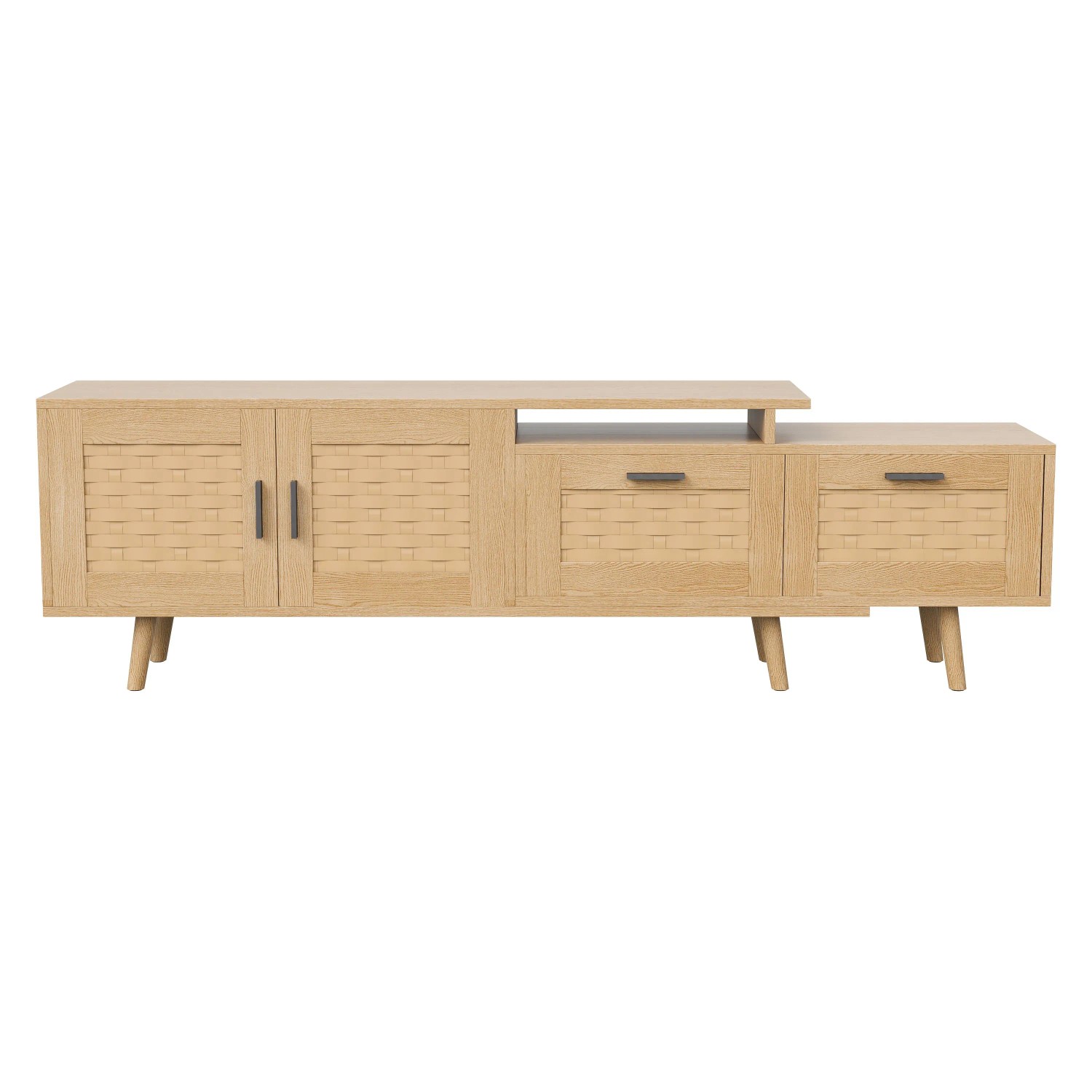 PXloue Ausziehbarer TV Lowboard 180x30x44cm aus Rattan mit Schubladen und Türen