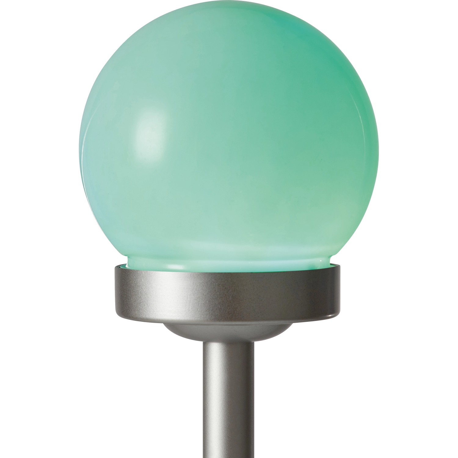 Solar-Dekokugel mit Erdspieß, weiß-silber, mit grünem Licht. Gartenleuchte für den Außenbereich.