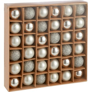 Christbaumkugel-Set, 36-teilig, silberfarben, Kunststoff, matte, glänzende und glitzernde Oberflächen.