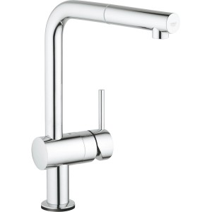 Grohe Minta Touch Küchenarmatur mit L-Auslauf, Chrom, herausziehbarer Mousseurauslauf.