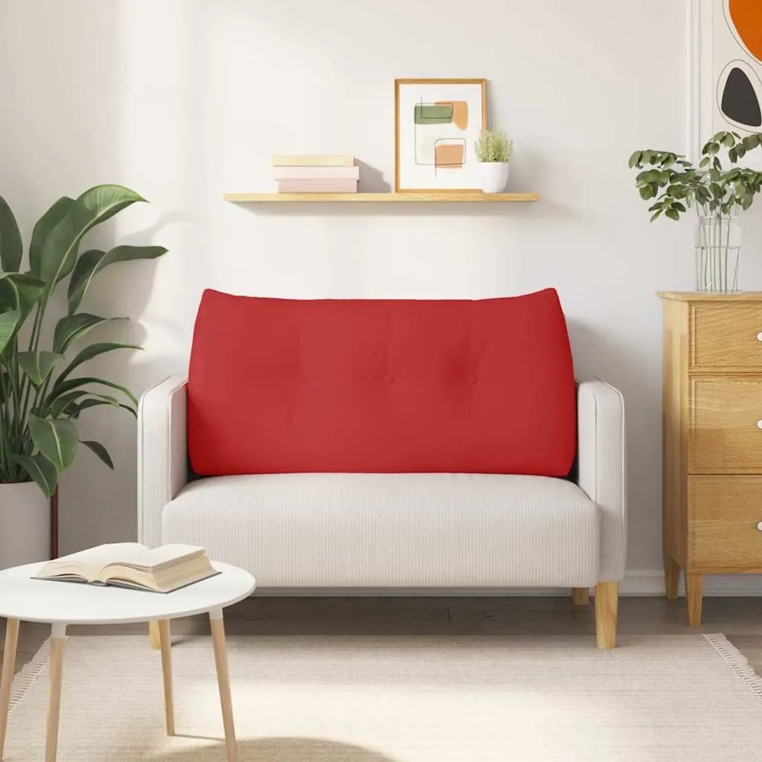 Rotes vidaXL Rückenkissen aus Stoff, 100x24x50 cm, auf hellem Sofa. Ergonomisches Kissen für Wohnzimmer.
