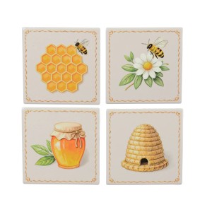4er-Set glasierte Dolomit Fliesen Honigbiene. Quadratische Wanddekoration mit Bienenwabe, Biene, Blume, Honigtopf, Bienenstock.