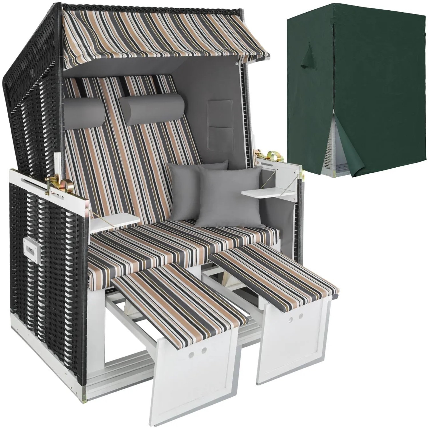 Tectake Strandkorb Sylt Gepolstert Mit Ausziehbaren Fußbänkchen Verstellbar Bis Zur Liegeposition  115 x 78 x 158 cm Schwarz Grau Braun