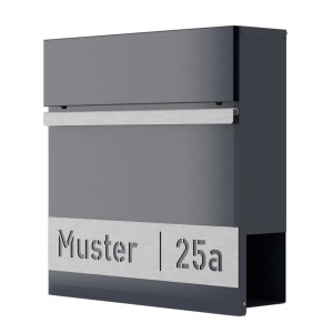 Anthrazitfarbener Heidemann Briefkasten DESIGNline BK3 mit personalisierbarer Edelstahlleiste.