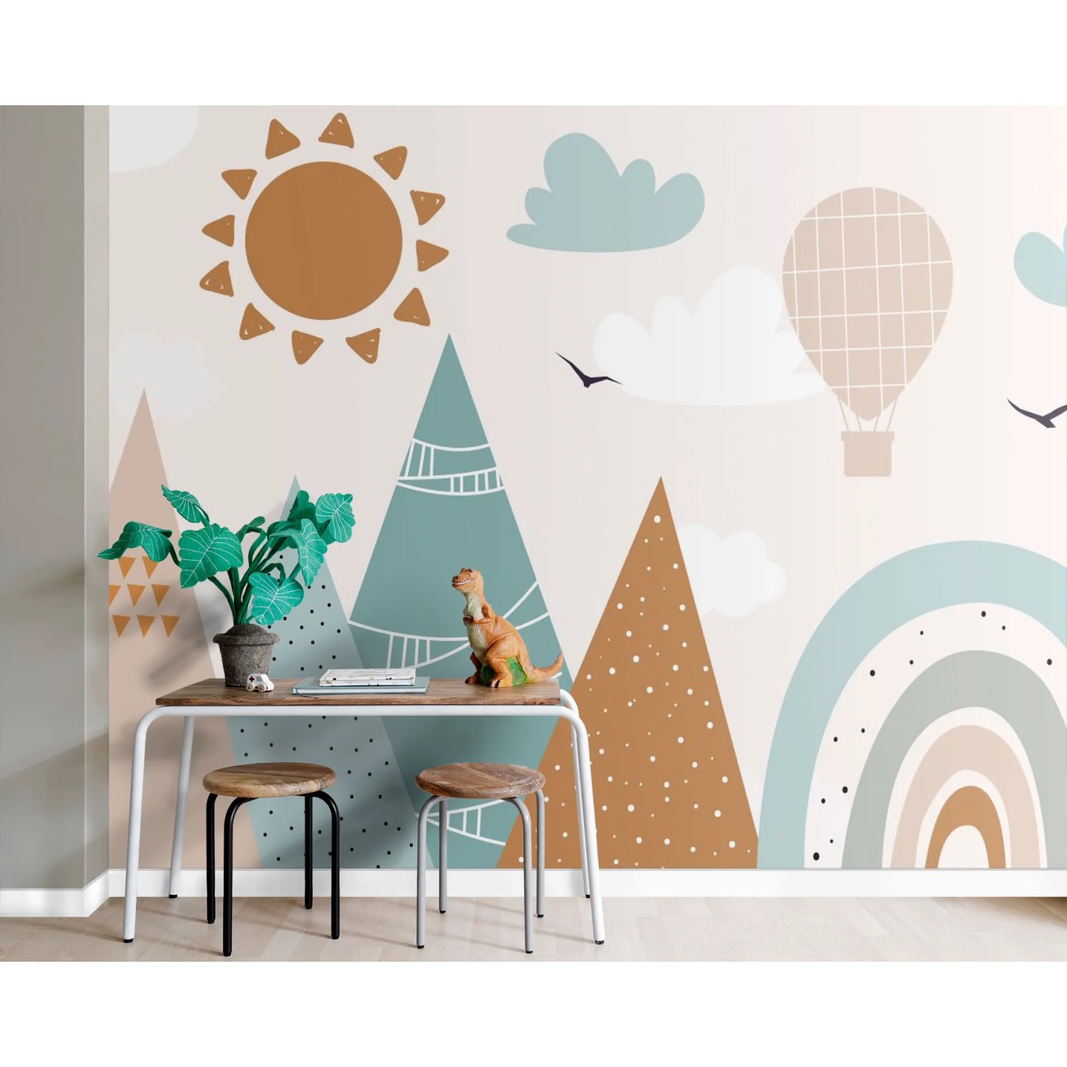 ESTAhome Fototapete Berge in Grau, Blau und Orange, kindliches Design mit Sonne, Wolken und Regenbogen.