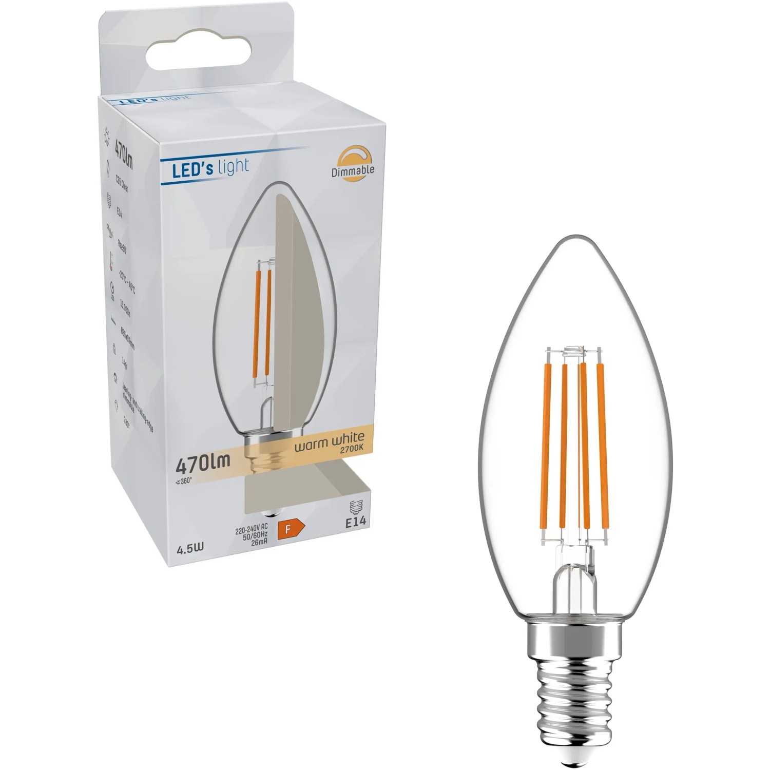 E14 LED Leuchtmittel in Kerzenform, 4,5W, warmweiß, klar.