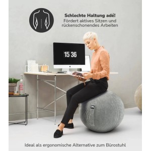 Grauer mokebo Sitzball aus Stoff im Büro, ergonomisch und rückenschonend.