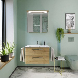 Pelipal Badmöbel-Set Trentino in Riviera Eiche mit Waschbecken, Unterschrank und Spiegelschrank.