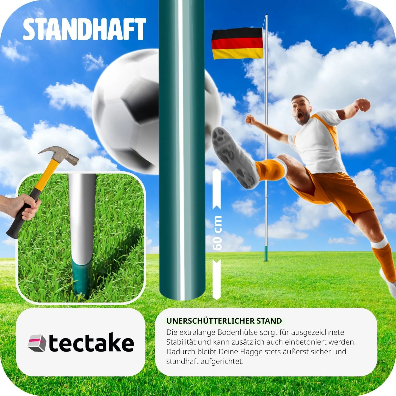 Tectake Aluminium Fahnenmast mit Deutschlandflagge, wetterfest, 625cm hoch.