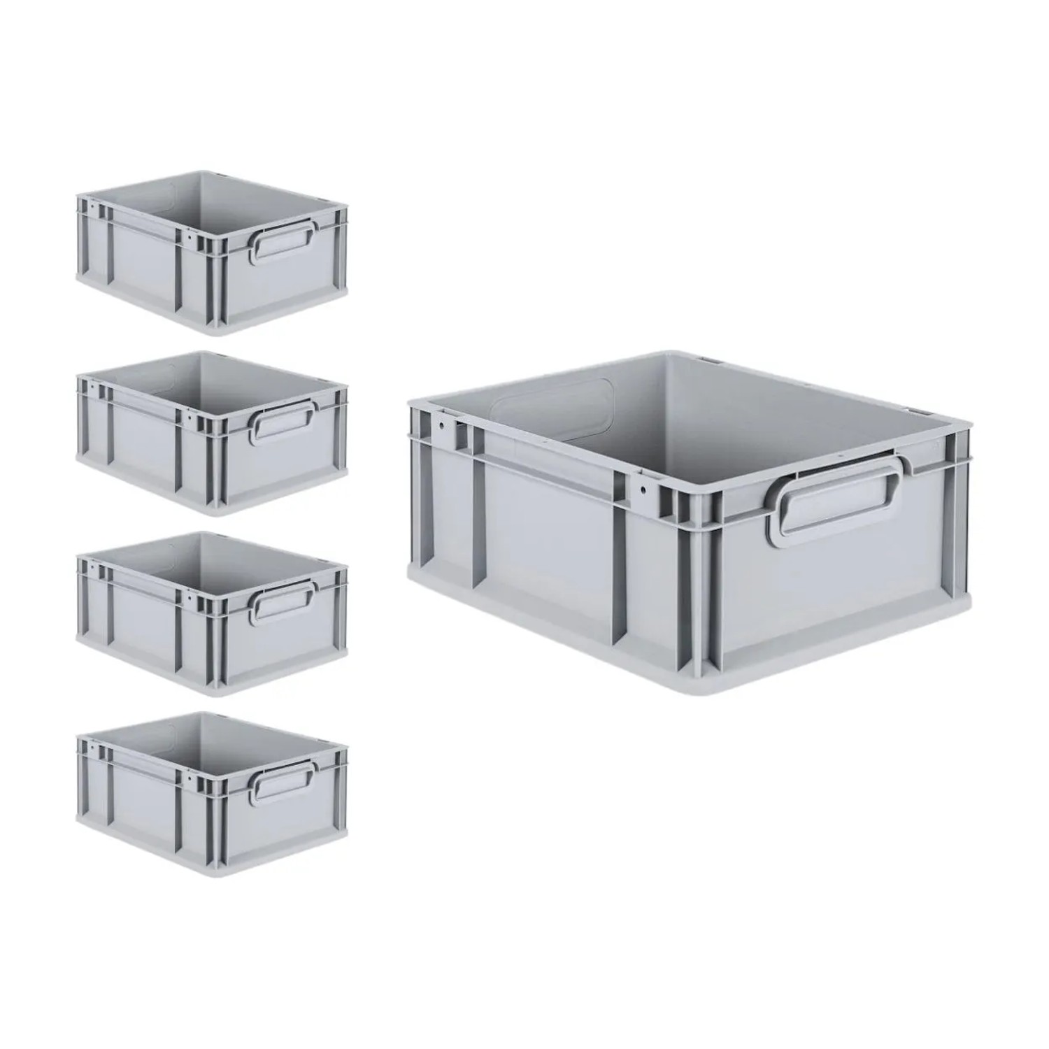 PROREGAL SuperSparSet: 5 graue Euroboxen mit Scharnierdeckel, 16 Liter, für Lagerung und Transport.