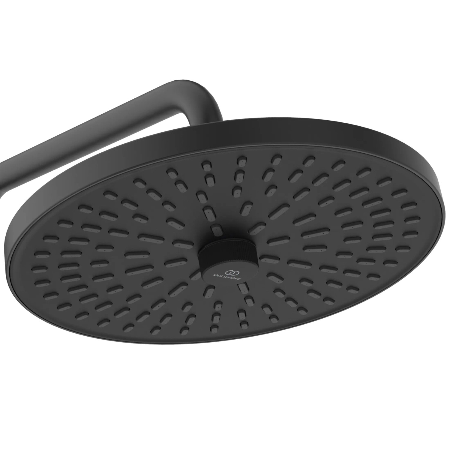 Detailaufnahme der schwarzen Ideal Standard Regendusche Ceratherm T25+ mit runder Kopfbrause.