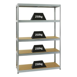 Verzinktes PROREGAL Schwerlastregal Big Elephant mit 5 Böden, belastet mit je 250 kg.