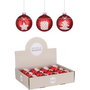 Rote Weihnachtskugeln aus Glas (Ø 8 cm) mit weißen Motiven im Displaykarton.