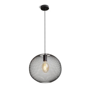 Kugelförmige Rendl Pendelleuchte Cosir in Schwarz aus Streckmetall mit sichtbarer LED-Glühbirne.