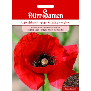 Dürr Samen Mohn Leuchtend Rot: Saatgutpackung mit roter Klatschmohnblüte.