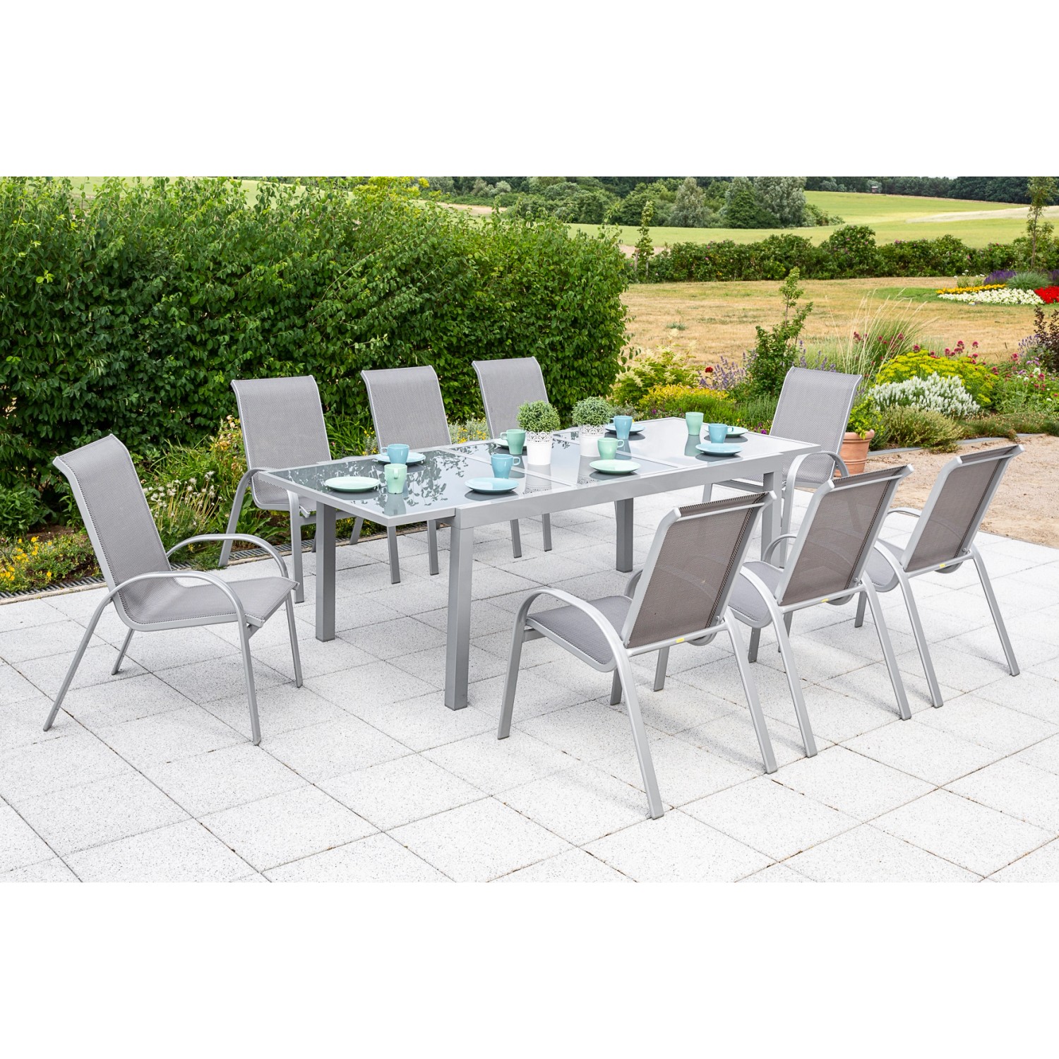Merxx Amalfi Set 9 -tlg. 8 Stapelsessel Gartentisch 180(240)x100 cm Diamant günstig online kaufen