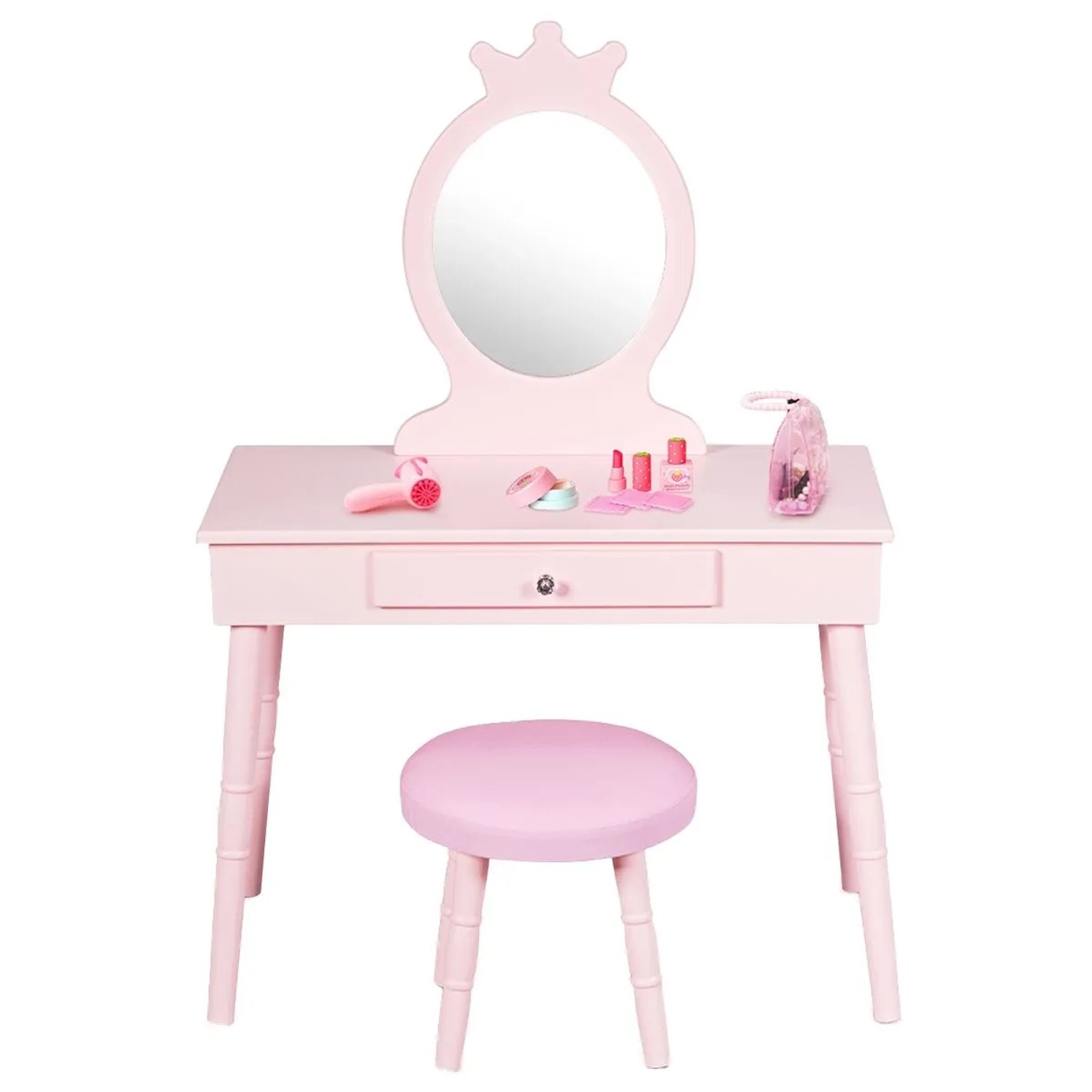 Costway 2 In 1 Kinder Schminktisch mit Spiegel & Hocker Rosa günstig online kaufen