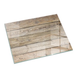 Rechteckige Glasplatte mit beigem Holzdesign als Funkenschutz für Kaminöfen.
