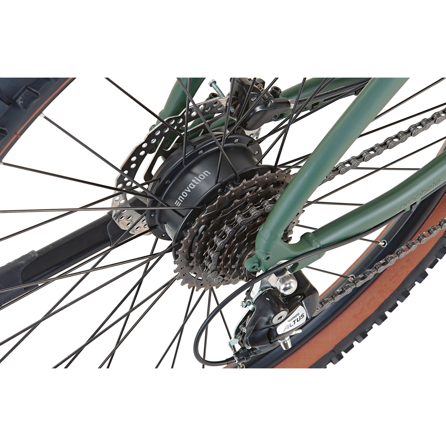 Detailaufnahme: Bronze-grünes Prophete E-Bike MTB Dice 1.0 mit Hinterradmotor und Shimano Schaltung.