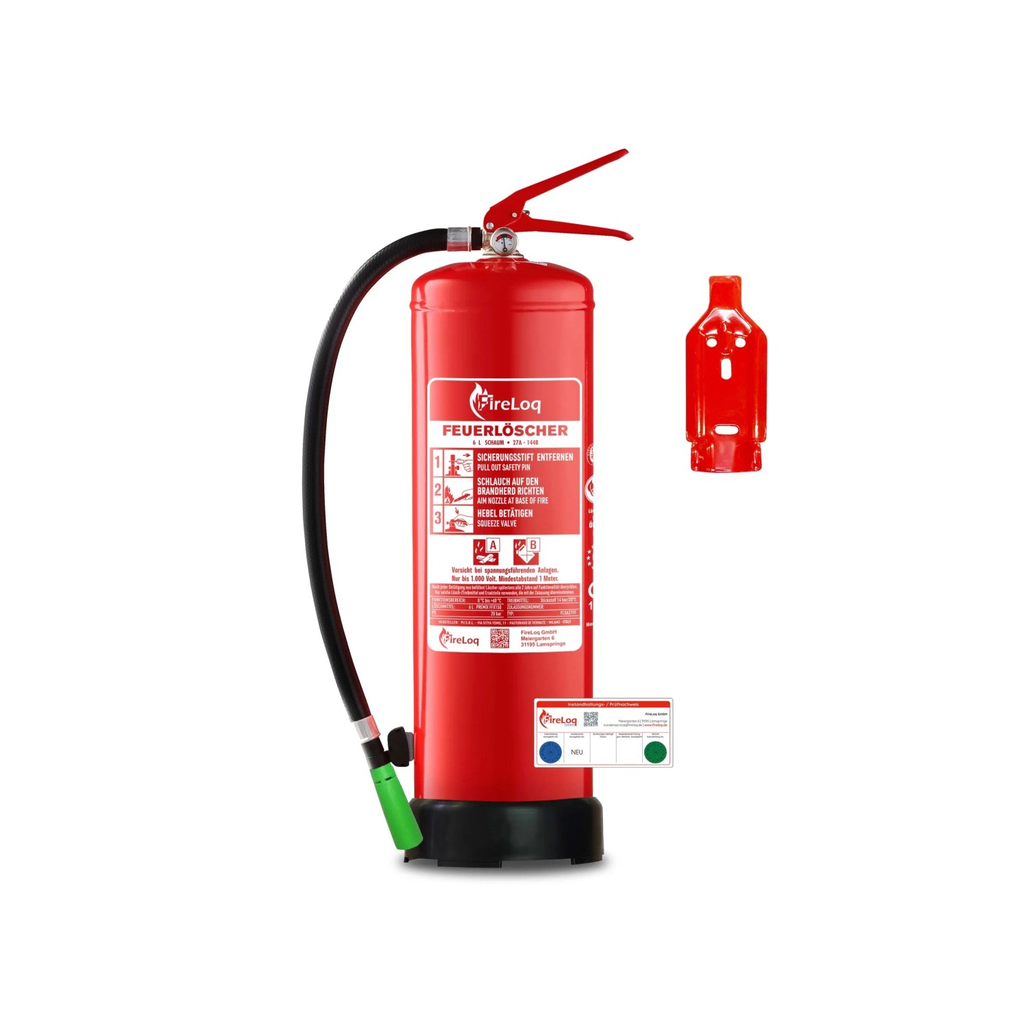 FireLoq 6L Fluorfrei Schaumlöscher 27A 144B mit Prüfnachweis Wandhalter