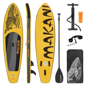 Gelbes ECD Germany Stand Up Paddle Board Makani 320 cm mit Zubehör für Wassersport.