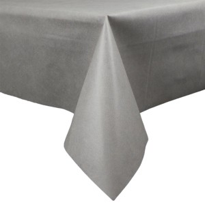 Graue Sensalux Vlies-Tischdecke (1 m x 2,5 m) auf einem Tisch, Detailaufnahme einer Ecke.