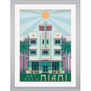 Weißer Kunststoffbilderrahmen 60x80 cm mit Art Deco Miami Motiv. Klassischer Bilderrahmen.