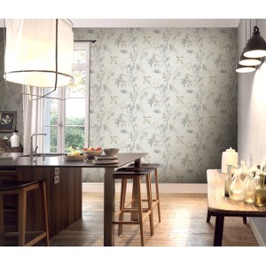 Erismann Vliestapete Martinique Bamboorelle in Helltaupe mit Bambusmuster im Raum.