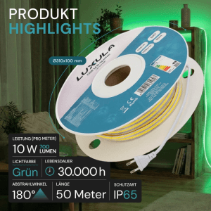 Aufgerollter LUXULA COB LED Streifen, 50m, grün, für Weihnachtsbeleuchtung und Dekoration.