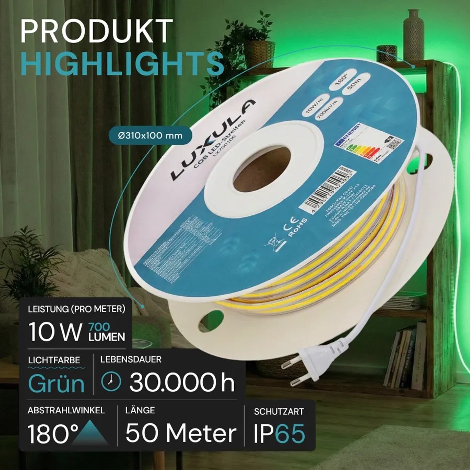 Aufgerollter LUXULA COB LED Streifen, 50m, grün, für Weihnachtsbeleuchtung und Dekoration.