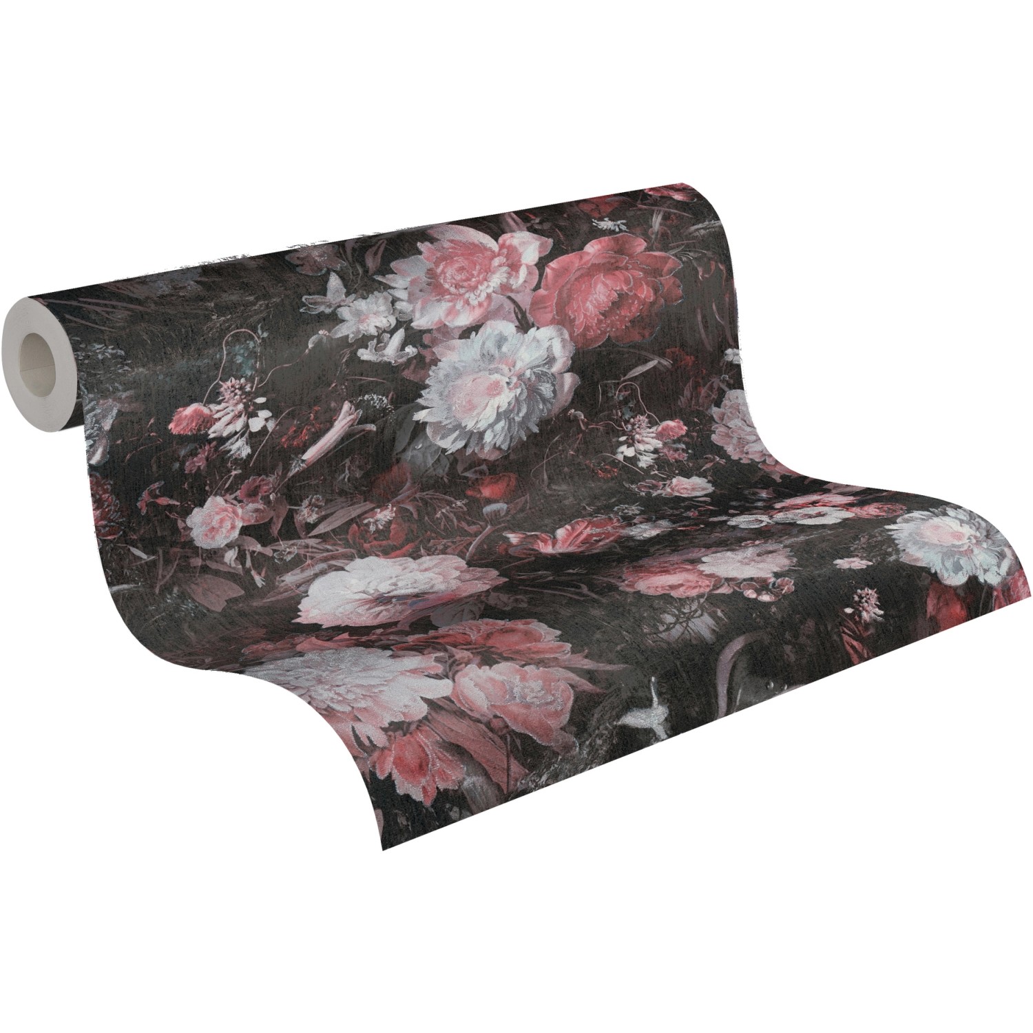 A.S. Création Vliestapete mit Blumenmuster in Schwarz und Rot, gerollt dargestellt.