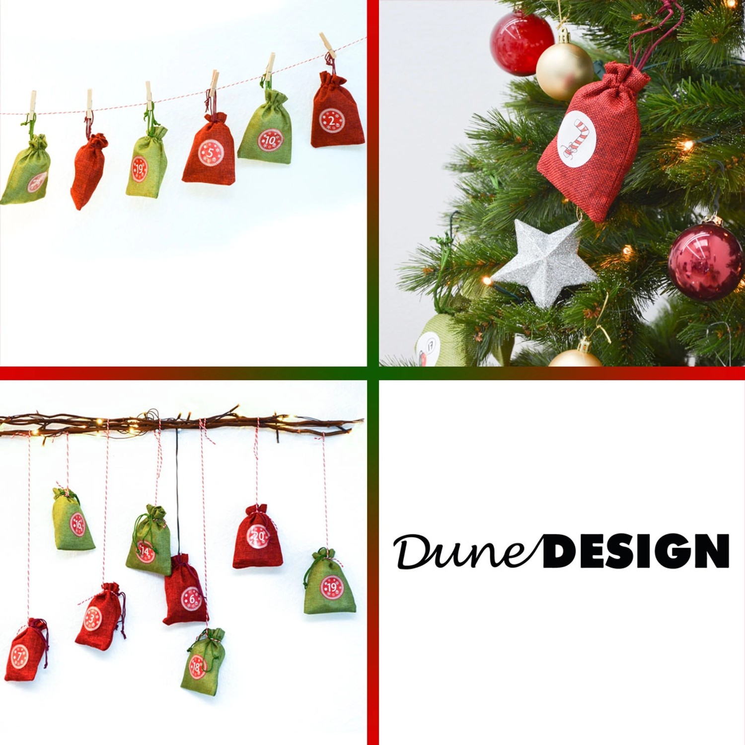 DuneDesign DIY Adventskalender mit 24 roten und grünen Jute-Geschenksäckchen zum Selbstbefüllen.