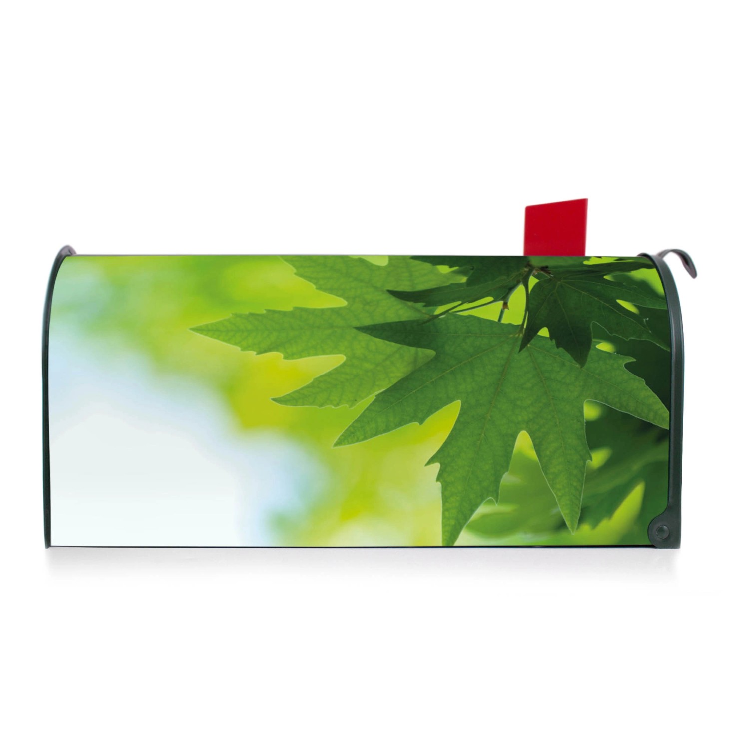 Grüner Banjado US Briefkasten mit Blättertraum Motiv und roter Fahne.