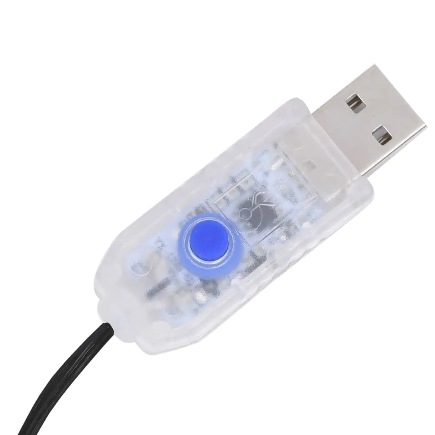 Detailaufnahme: USB-Stecker mit blauem Knopf für LED-Baum mit Kirschblüten.