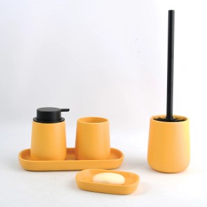 MSV Bad-Set Maonie, safrangelb: Seifenschale, Spender, Becher und WC-Garnitur aus Keramik.