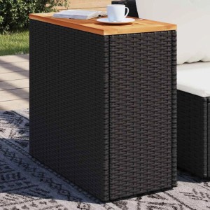 Schwarzer vidaXL Garten-Beistelltisch mit Holzplatte und Rattan-Optik.