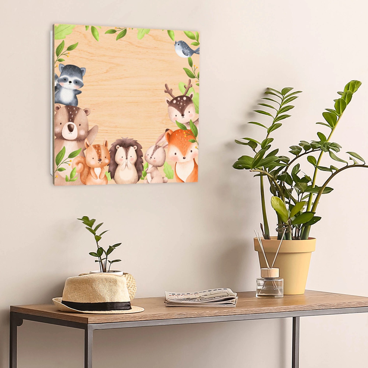 Banjado Schlüsselbox mit Waldtierfreunde-Motiv, 30x30cm, weiße Schlüsselkasten mit 50 Haken.