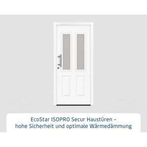 Weiße EcoStar IsoPro Secur Haustür im Landhausstil mit zwei satinierten Glasausschnitten und Edelstahl-Stangengriff.