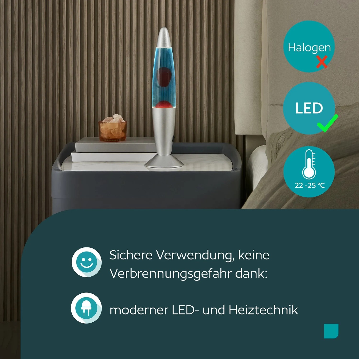 Silberne Eglo LED-Lavatischleuchte mit blauer Flüssigkeit und rotem Wachs. Sichere LED-Tischleuchte mit Lava-Effekt.