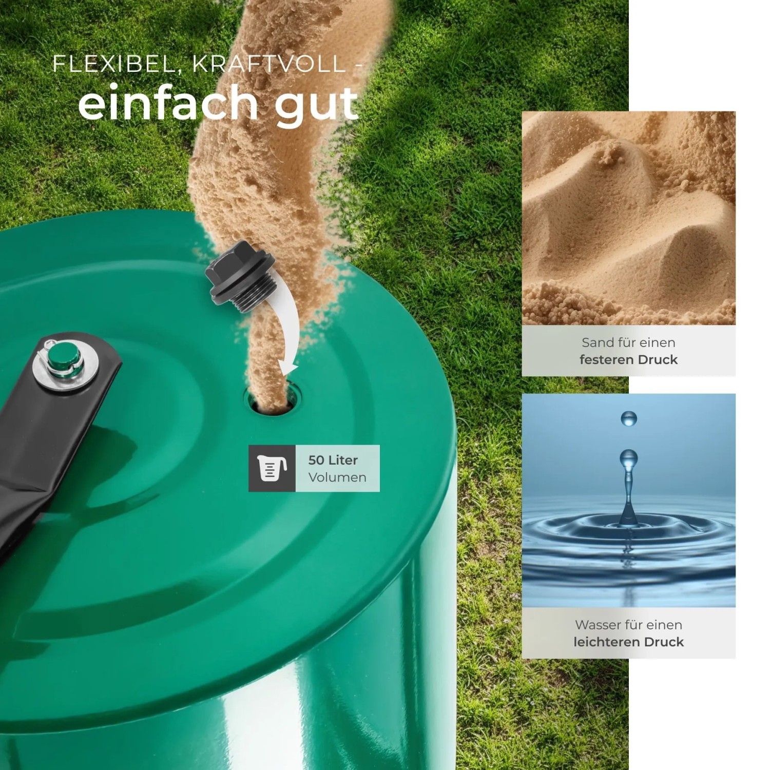 Grüne Tectake Rasenwalze (60 cm) wird mit Sand befüllt. Gartenhandgerät für Rasenpflege.