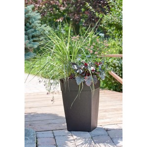 Purpurglöckchen 'Plum Pudding' im Topf, kombiniert mit Gräsern und anderen Stauden, auf Terrasse.