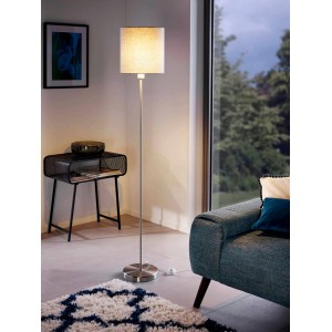 Moderne Eglo Stehleuchte Pasteri mit grauem Stoffschirm und Nickel-mattem Fuß. Design-Stehlampe für Wohnräume.
