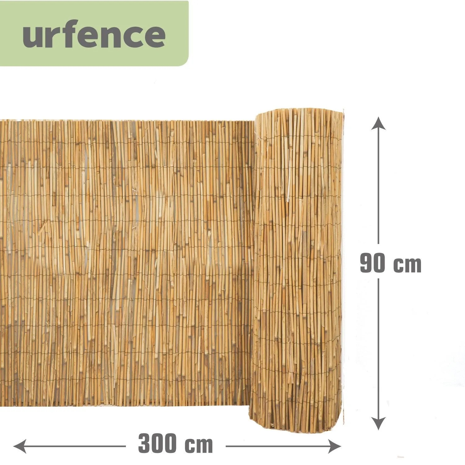 Urfence Sichtschutz Schilf 90x300 cm, braun, als Rolle und ausgerollt. Für Zaunbau, Balkon & Terrasse.