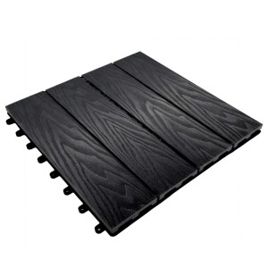 Schwarze WPC Klickfliese 30x30 cm mit 3D Holzoptik und Klicksystem für Terrasse und Balkon.