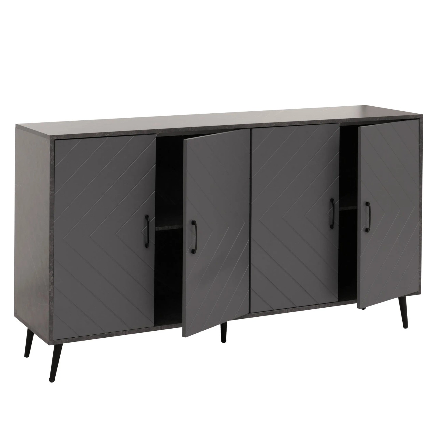 MCW Sideboard N89 Fischgrätenmuster Melamin Holz 88x150x40cm Marmor-Optik Grau